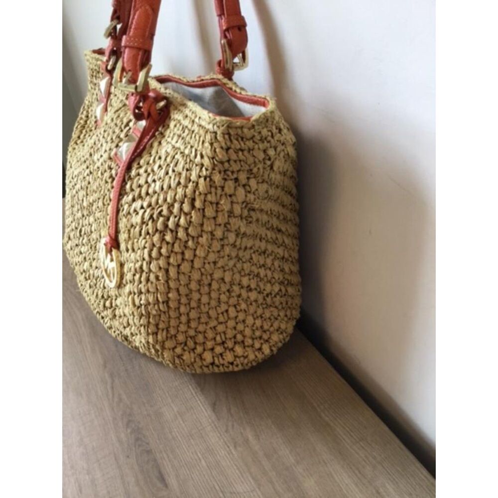MICHAEL Michael Kors Santorini Raffia and Orange Leather Basket Tote Bag. - Picture 6 of 9